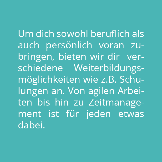 Um dich sowohl beruflich als auch persönlich voran zubringen, bieten wir dir verschiedene Weiterbildungsmöglichkeiten wie z.B. Schulungen an.